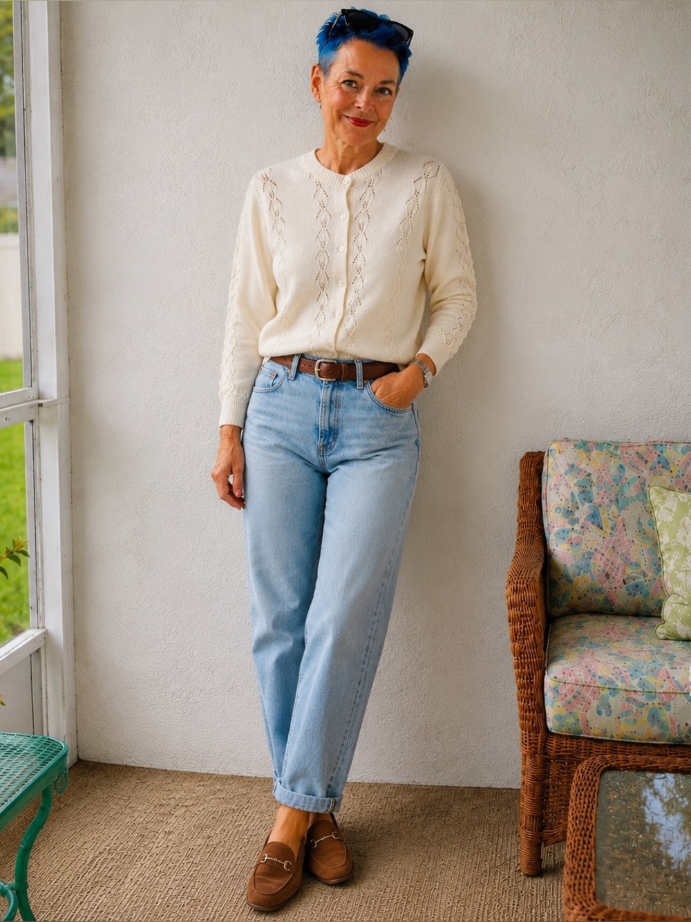 Vintage Coral Bay Sportswear Women’s L Ivory Pointelle Knit Button Cardigan